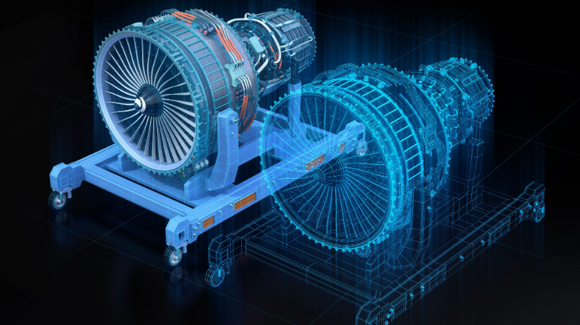 Digital twin concept of an aerospace turbine part, illustrating advanced virtual modeling and simulation for innovation in engineering and product development.