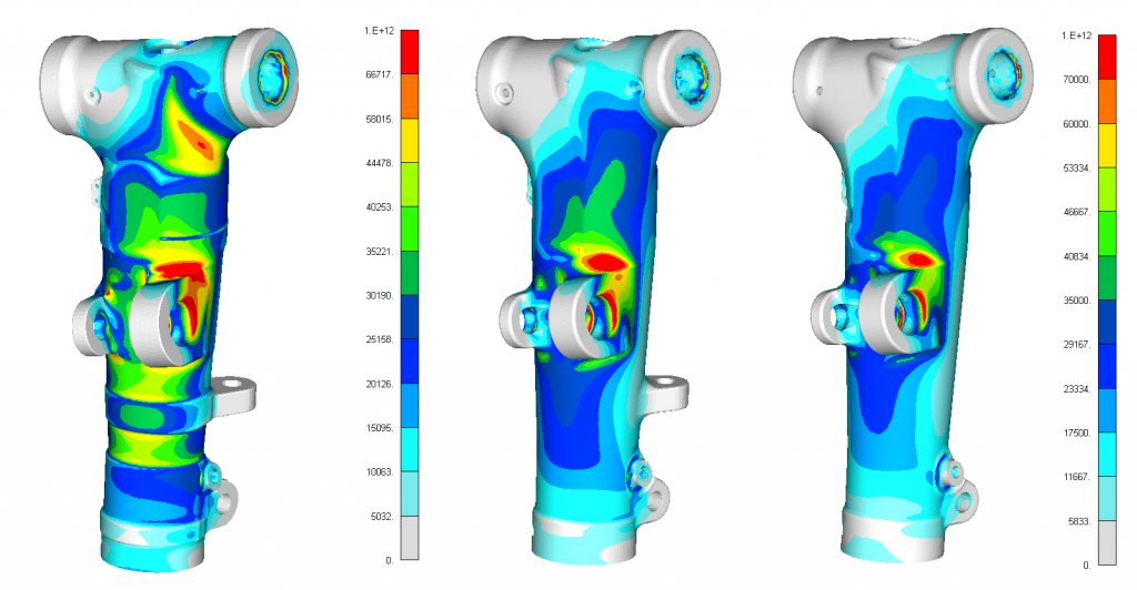 Numerical simulation comparing the stresses of the original design to the improved version