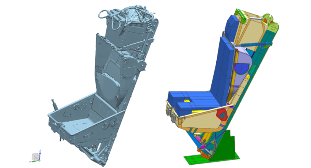 Scan 3D du siège éjectable et modèle 3D du siège du pilote avec géométrie simplifiée