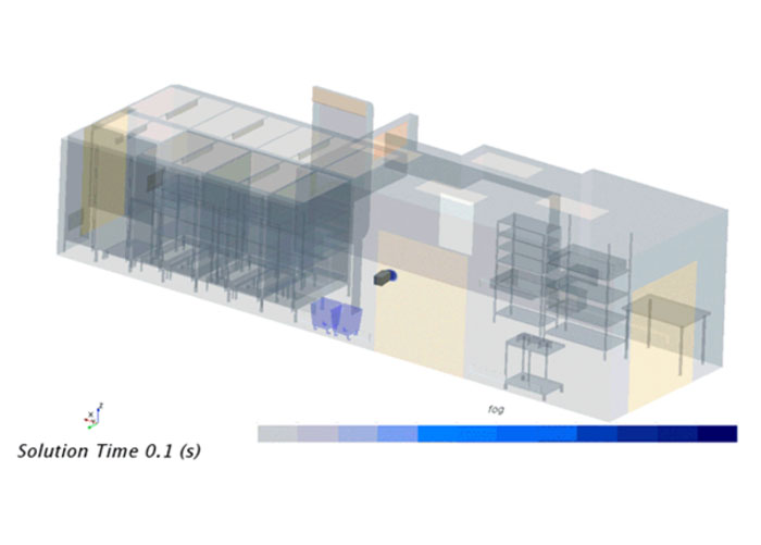 Un rendu 3D semi-transparent d'un entrepôt avec des unités de rayonnage et un système de ventilation, démontrant la diffusion de fumée ou de gaz au fil du temps. Une échelle de dégradé allant du bleu clair au bleu foncé représente les concentrations variables. La légende indique 'Temps de solution 0,1 (s)'